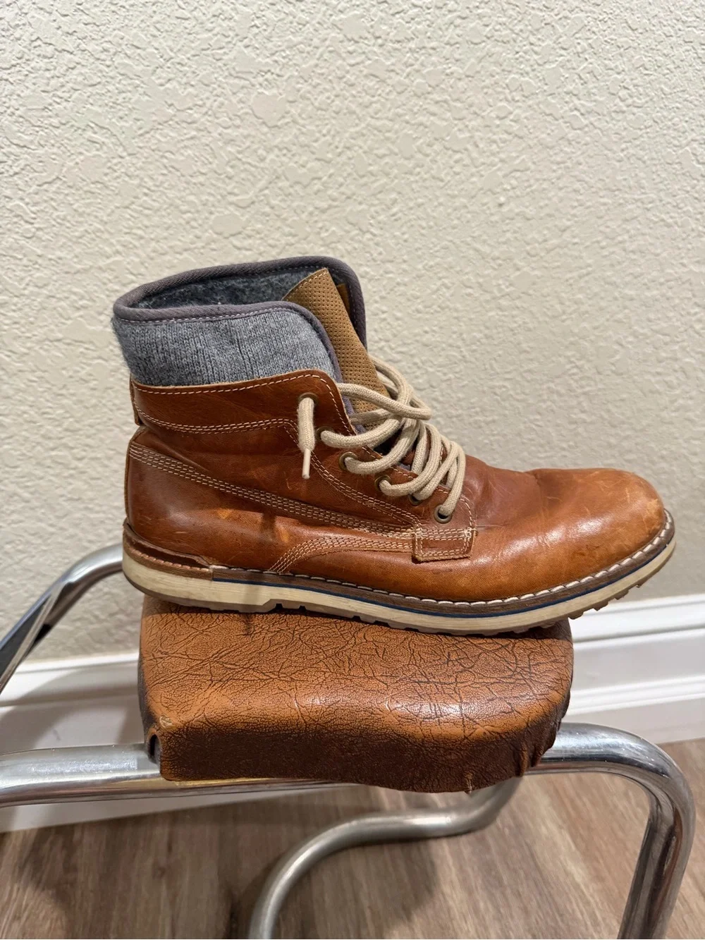 Aldo Tan Distressed Leather Chukka Boots with Gray Knit Collar